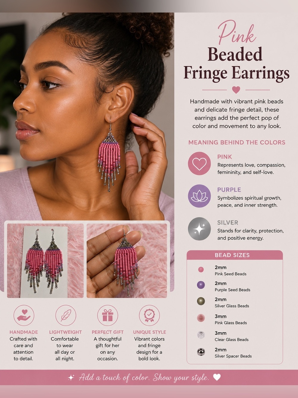 Pink Beaded Fringe Earrings